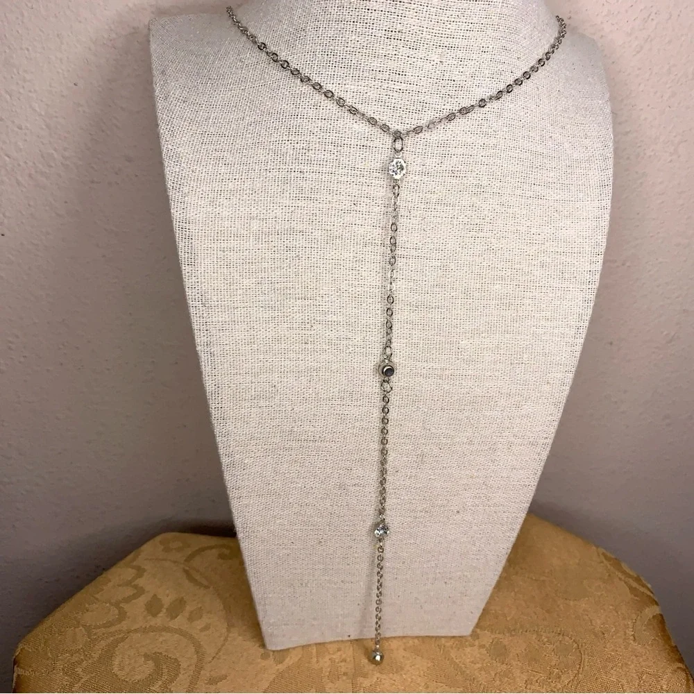Silver Rhinestone Accent Lariat Style Necklace Glam Gift Pullover 29” Length